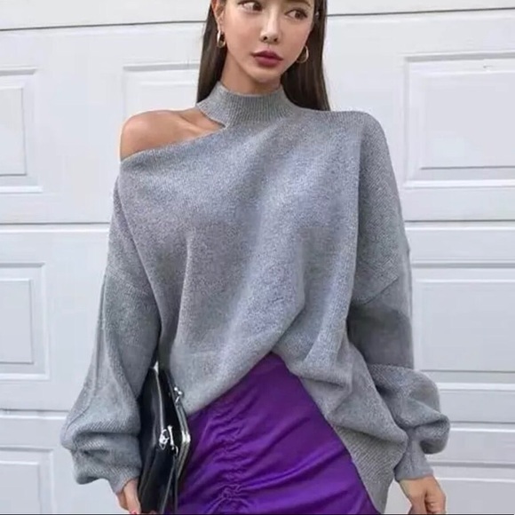 Turtleneck cutout sweater off shoulder gray womens sexy long sleeve - Picture 3 of 3
